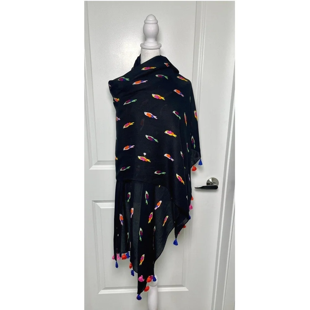 Kate Spade New York Parrot Print Scarf Shawl Black Multicolor Tassel Trim Wrap